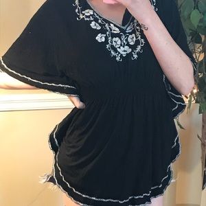 Annabelle black boho top with white embroidery